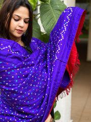 Purplish Blue Handwoven Woollen Shawl with Handmade Bandhani and Kantha in Pure Silk