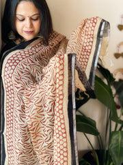 Beige Pure Linen Handblock Printed Dupatta