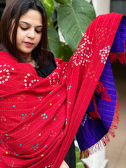 Purplish Blue Handwoven Woollen Shawl with Handmade Bandhani and Kantha in Pure Silk