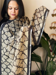 Beige Pure Linen Handblock Printed Dupatta