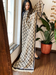 Beige Pure Linen Handblock Printed Dupatta