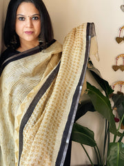Beige Pure Linen Handblock Printed Dupatta