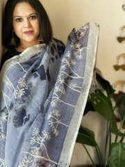Handpainted Dupatta with Kantha Stitch Handwork in Pure Linen