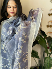 Handpainted Dupatta with Kantha Stitch Handwork in Pure Linen