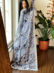 Handpainted Dupatta with Kantha Stitch Handwork in Pure Linen