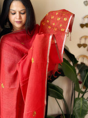 Red Sozni Hand Embroidery Dupatta in Pure Linen