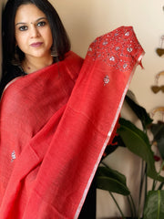 Red Sozni Hand Embroidery Dupatta in Pure Linen