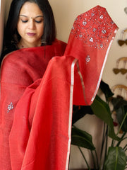 Red Sozni Hand Embroidery Dupatta in Pure Linen