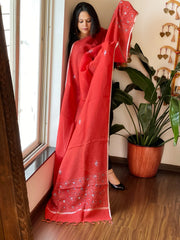 Red Sozni Hand Embroidery Dupatta in Pure Linen