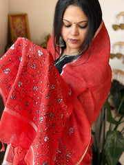 Red Sozni Hand Embroidery Dupatta in Pure Linen
