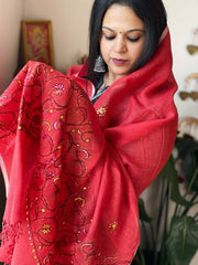 Red Sozni Hand Embroidery Dupatta in Pure Linen