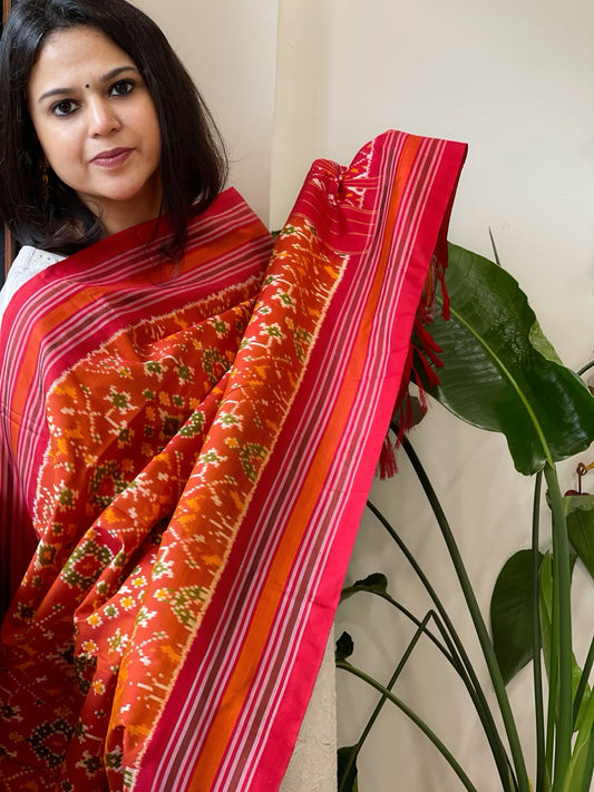 Burnt Orange Handwoven Ikat Dupatta in Pure Silk