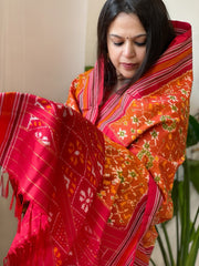 Burnt Orange Handwoven Ikat Dupatta in Pure Silk