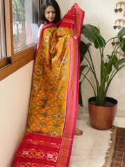 Orangish Yellow Handwoven Ikat Dupatta in Pure Silk