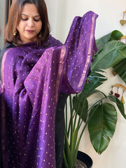 Purple Handwoven Muga Silk dupattas with Hand Embroidery