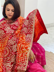 Orange, Red Bandhani Dupatta with Gotapatti Handwork in Pure Silk