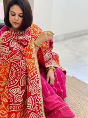 Orange, Red Bandhani Dupatta with Gotapatti Handwork in Pure Silk
