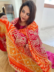 Orange, Red Bandhani Dupatta with Gotapatti Handwork in Pure Silk