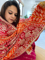 Orange, Red Bandhani Dupatta with Gotapatti Handwork in Pure Silk