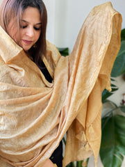 Golden Handwoven Muga Silk dupattas with Hand Embroidery