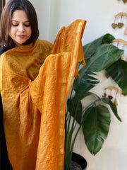 Orangish Yellow Handwoven Muga Silk dupattas with Hand Embroidery