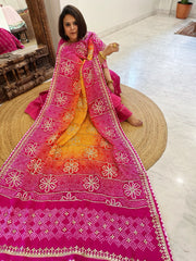 Yellow, Pink Bandhani Dupatta with Gotapatti Handwork in Pure Silk