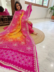 Yellow, Pink Bandhani Dupatta with Gotapatti Handwork in Pure Silk
