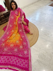 Yellow, Pink Bandhani Dupatta with Gotapatti Handwork in Pure Silk