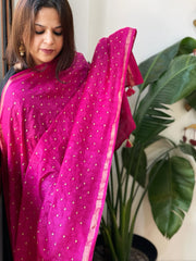 Pink Handwoven Muga Silk dupattas with Hand Embroidery
