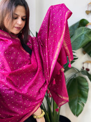 Pink Handwoven Muga Silk dupattas with Hand Embroidery