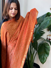 Orange Handwoven Muga Silk dupattas with Hand Embroidery