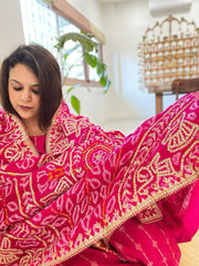 Pink Bandhani Dupatta with Gotapatti Handwork in Pure Silk