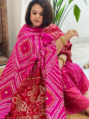 Pink, Red Bandhani Dupatta with Gotapatti Handwork in Pure Silk