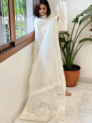 Cream Handwoven Chanderi Dupatta with Self Weaving and Cut Work Pallu