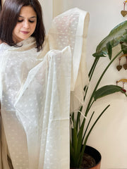 Cream Handwoven Chanderi Dupatta with Self Weaving and Cut Work Pallu