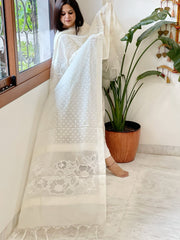 Cream Handwoven Chanderi Dupatta with Self Weaving and Cut Work Pallu