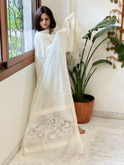 Cream Handwoven Chanderi Dupatta with Self Weaving and Cut Work Pallu