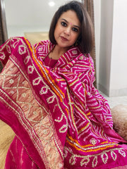 Pink Bandhani Dupatta with Gotapatti Handwork in Pure Silk