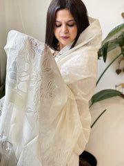 Cream Handwoven Chanderi Dupatta with Self Weaving and Cut Work Pallu