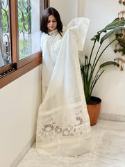 Cream Handwoven Chanderi Dupatta with Self Weaving and Cut Work Pallu