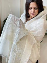 Cream Handwoven Chanderi Dupatta with Self Weaving and Cut Work Pallu