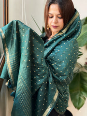 Green Handwoven Muga Silk dupattas with Hand Embroidery