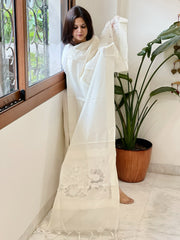 Cream Handwoven Chanderi Dupatta with Self Weaving and Cut Work Pallu