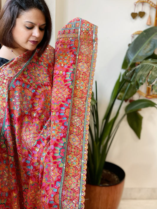 Red Chinon Dupatta with Aari Embroidery