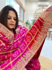 Pink Bandhani Dupatta with Gotapatti Handwork in Pure Silk