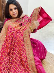 Pink Handwoven NeemZari Bareek Bandhani with Meenakari and Dabka Handwork in Pure Georgette