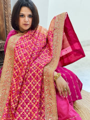Pink Handwoven NeemZari Bareek Bandhani with Meenakari and Dabka Handwork in Pure Georgette