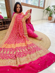 Pink Handwoven NeemZari Bareek Bandhani with Meenakari and Dabka Handwork in Pure Georgette
