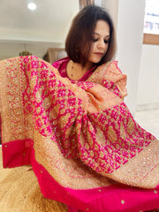Pink Handwoven NeemZari Bareek Bandhani with Meenakari and Dabka Handwork in Pure Georgette
