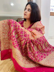 Pink Handwoven NeemZari Bareek Bandhani with Meenakari and Dabka Handwork in Pure Georgette